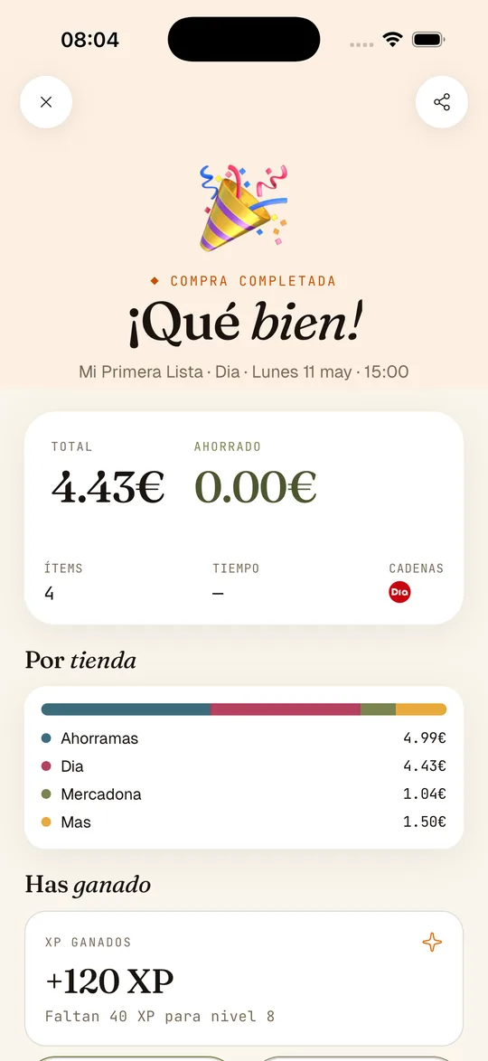Resumen de la compra completada con el total, el ahorro y los puntos ganados