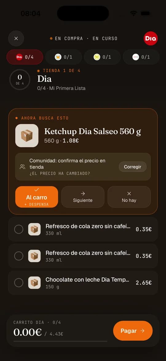 Modo Compra mostrando un producto cada vez con letra grande para recorrer el pasillo