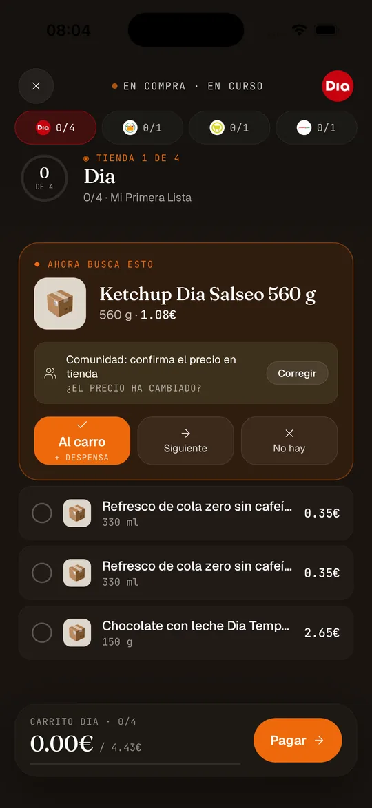 Modo Compra mostrando un producto cada vez con letra grande para recorrer el pasillo