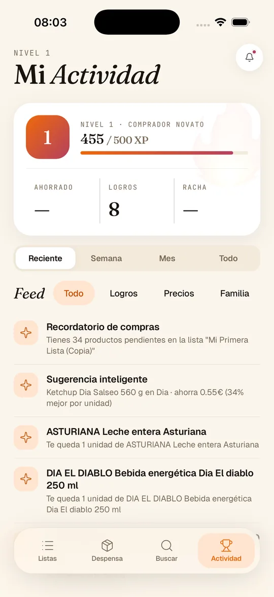 Pantalla de actividad con el nivel, los logros y la racha de compras